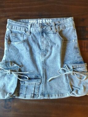 VIP Light Blue Denim Mini Skirt with Cargo Pockets and Tie Details